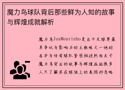 魔力鸟球队背后那些鲜为人知的故事与辉煌成就解析
