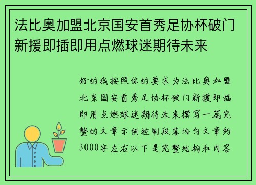 法比奥加盟北京国安首秀足协杯破门新援即插即用点燃球迷期待未来