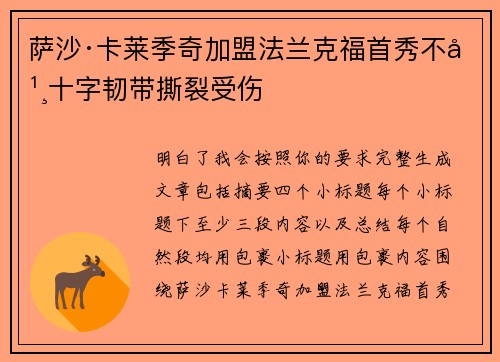 萨沙·卡莱季奇加盟法兰克福首秀不幸十字韧带撕裂受伤
