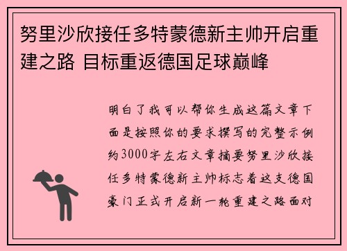 努里沙欣接任多特蒙德新主帅开启重建之路 目标重返德国足球巅峰